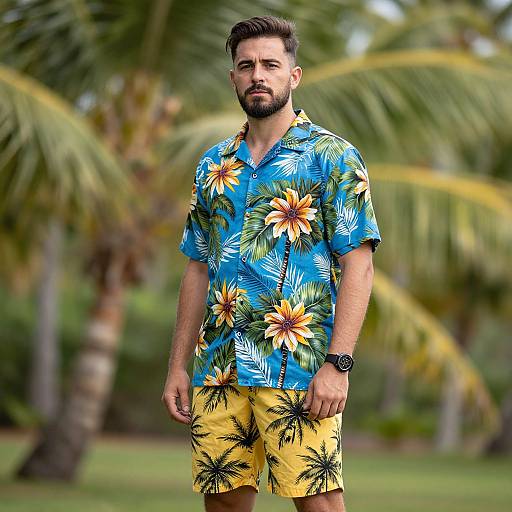 Photograph of a bearded man with short dark hair, wearing a blue Hawaiian shirt with large yellow flowers and yellow shorts, standing in a tropical garden