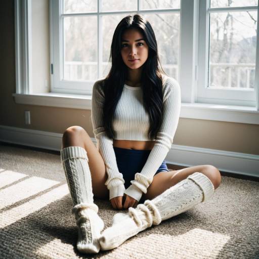 Young Woman Sitting by Window in Cozy Knitwear