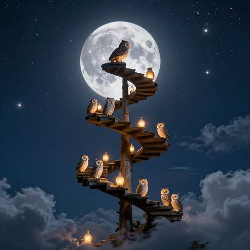 Photograph of wooden owl statues illuminated by lanterns, perched on a tiered structure against a full moon and starry night sky.