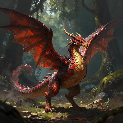 Digital artwork of a vivid red dragon with glowing orange underbelly, large wings, and sharp spikes standing in a sunlit, dense forest.