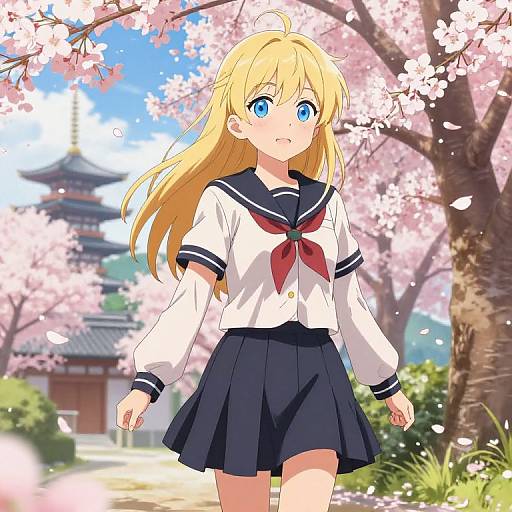Anime-style drawing of a blonde girl with blue eyes, wearing a white sailor uniform and black skirt, walking under cherry blossoms. Traditional Japanese pagoda