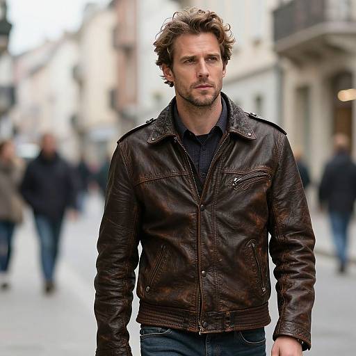 Photograph of a handsome, rugged man with tousled brown hair, wearing a dark brown leather jacket and black shirt, walking down a blurred urban street