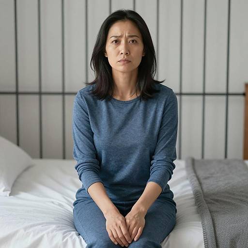Serious Asian Woman in a Bedroom Setting