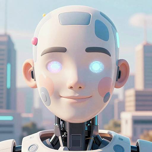 CGI image of a humanoid robot with a white, segmented head, blue glowing eyes, and a subtle smile, set against a blurred cityscape background