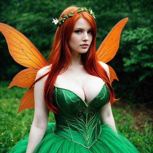 Red-haired Woman in Green Fairy Costume with Orange Wings