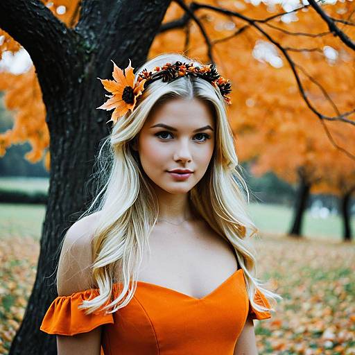 Blonde Woman in Orange Autumn Dress