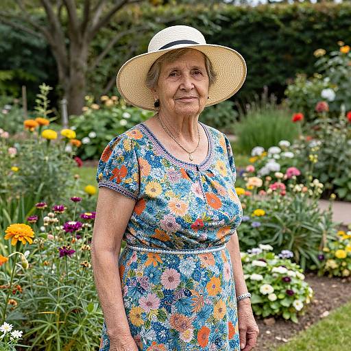 Photograph of an elderly woman with fair skin, wearing a floral dress and wide-brimmed hat, standing in a colorful garden.