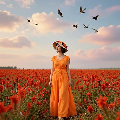 Photograph of a woman in an orange dress and hat, standing in a vibrant red poppy field with birds flying above, under a pastel sky