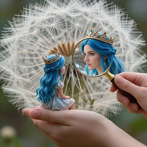 Photograph of a hand holding a small doll with blue hair and a gold crown, reflected in a magnifying glass, against a glowing dandelion