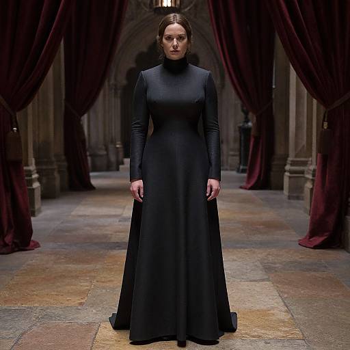 Photograph of a serious woman in a long-sleeve, black, floor-length dress standing in a dimly lit, Gothic-style hall with red
