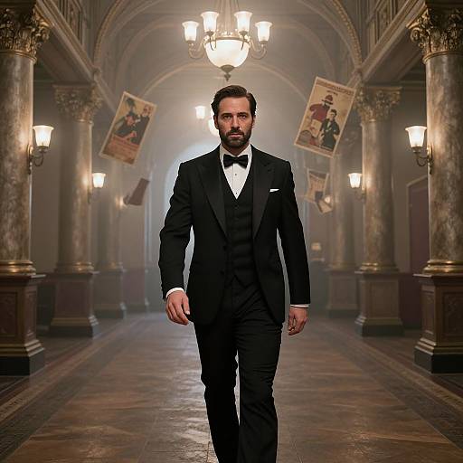 Photograph of a handsome bearded man in a black tuxedo walking down an ornate, dimly lit hallway with chandeliers and framed