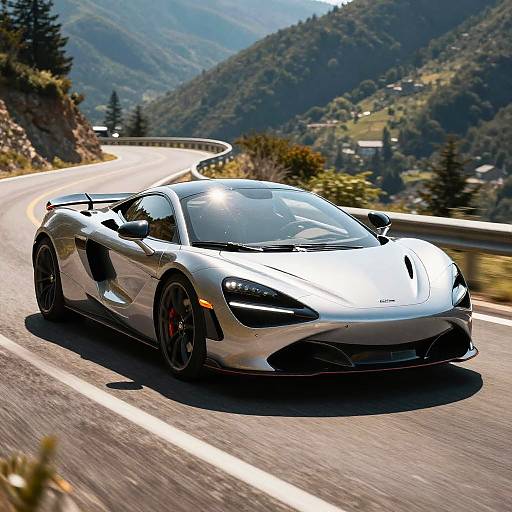 Photograph of a sleek, silver Lamborghini Gallardo speeding on a winding mountain road with lush green hills and clear blue sky in the background.