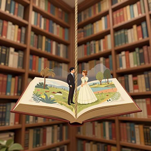 Digital illustration of a couple in a wedding dress and suit standing on an open, floating book with a garden scene, suspended in a book-filled library.