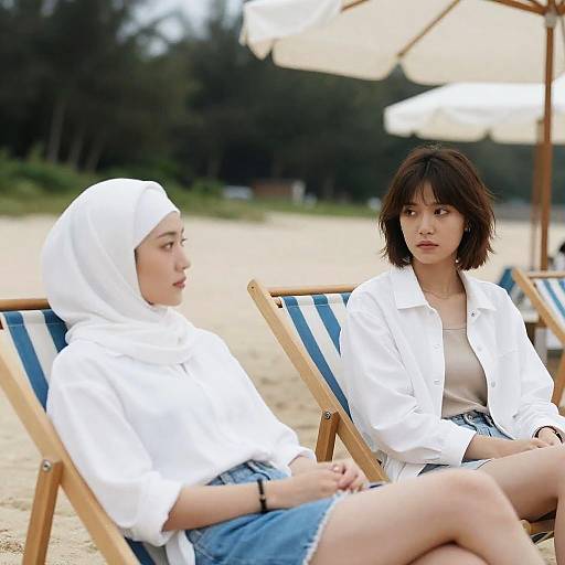 Two Women Relaxing on Beach Chairs