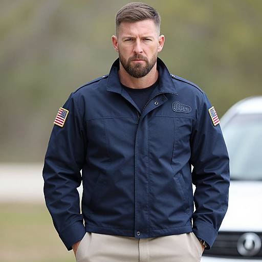 Photograph of a serious, bearded white man with short brown hair wearing a dark navy jacket with American flag patches, standing outdoors in front of a