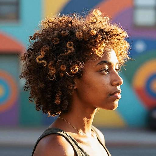 Photograph of a young Black woman with curly, sunlit hair, wearing a sleeveless top, standing in front of colorful, vibrant graffiti.