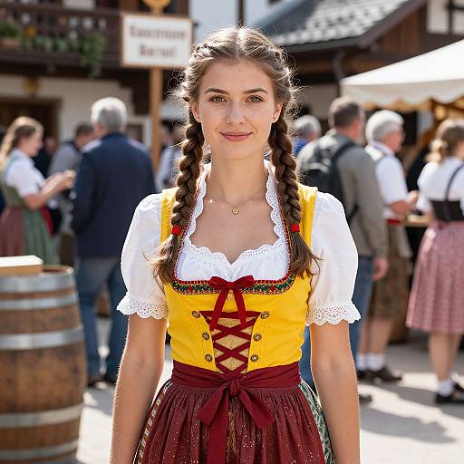 Photograph of a young woman with braided brown hair, wearing a yellow bodice, white lace blouse, and maroon skirt, standing in a