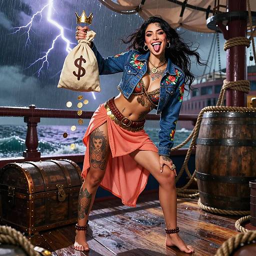 Crown-Wielding Pirate Girl with Treasure