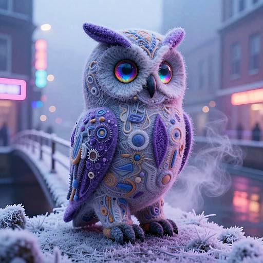 Surreal Felted Owl Sculpture at Dawn