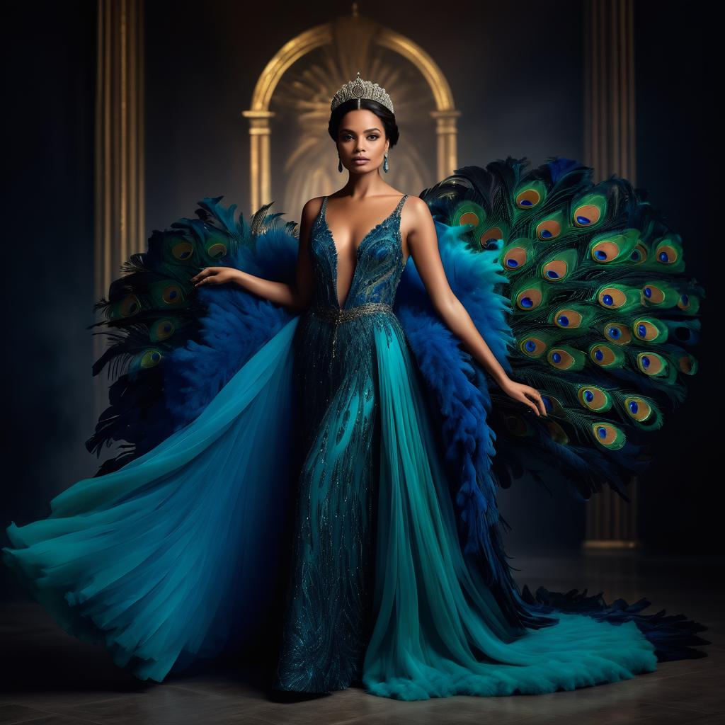 Regal Queen Surrounded by Peacock Feathers