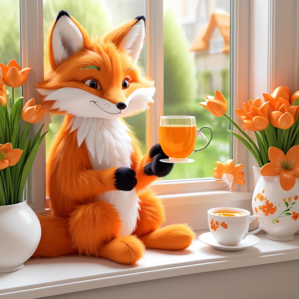 Whimsical Fox Enjoying Cider by Window