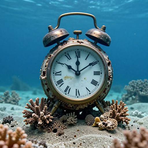 Photograph of a rusted, vintage alarm clock with Roman numerals, surrounded by coral and seabed, underwater in clear blue ocean.