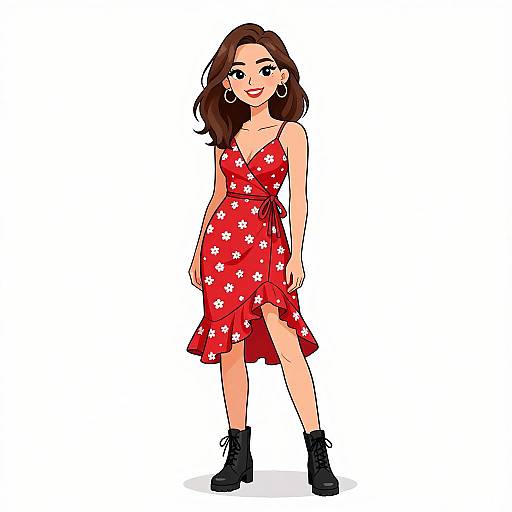 Digital illustration of a smiling woman with fair skin, brown hair, wearing a red floral dress, black ankle boots, and hoop earrings.