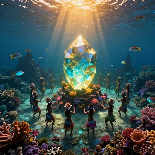 Digital artwork: Vibrant underwater scene with mermaids dancing around a glowing, crystal-like structure surrounded by colorful coral reefs and fish, illuminated by sunlight from