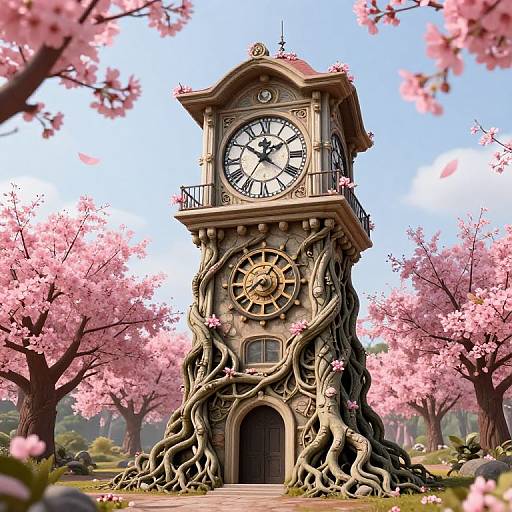Digital illustration of a clock tower with vines entwining its structure, surrounded by pink cherry blossom trees on a bright, clear day.