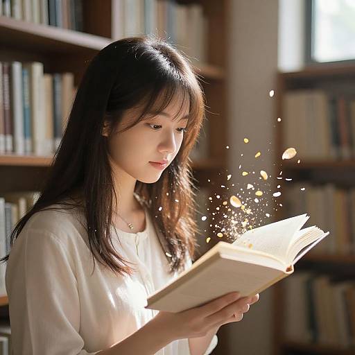Photograph of a young Asian woman with long black hair, wearing a white blouse, reading a book with glowing, sparkling pages in a sunlit library