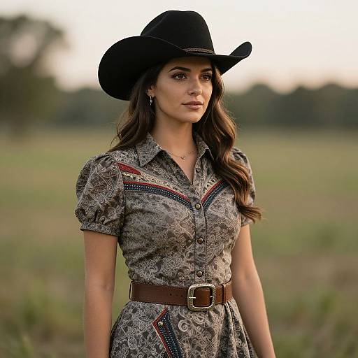 Photograph of a young woman with long brown hair, wearing a black cowboy hat, patterned dress with red and blue accents, and brown belt,