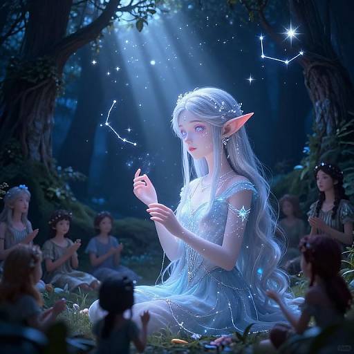 Digital artwork of a glowing, ethereal elf girl with long silver hair and pointed ears, creating star constellations in a mystical forest, surrounded by