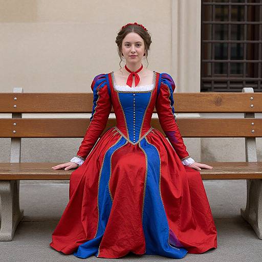 Photograph of a young woman in a red and blue Renaissance-style dress with puffed sleeves, white ruffled collar, and red ribbon, sitting on