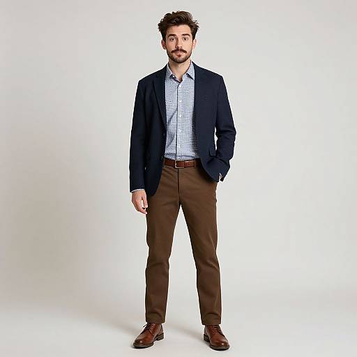 Photograph of a bearded man with dark hair, wearing a navy blazer, white checkered shirt, brown pants, and brown shoes, standing
