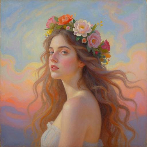 Digital painting of a fair-skinned woman with wavy brown hair, wearing a floral crown, white strapless top, against a pastel sunset sky
