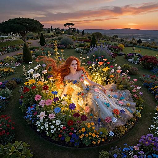 Photograph of a red-haired woman in a glowing, ornate white dress surrounded by vibrant flowers at sunset in a lush garden.