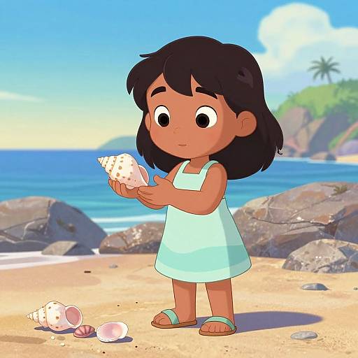 Digital cartoon of a dark-haired girl in a light blue dress, holding a seashell on a sunny beach with rocks and ocean.