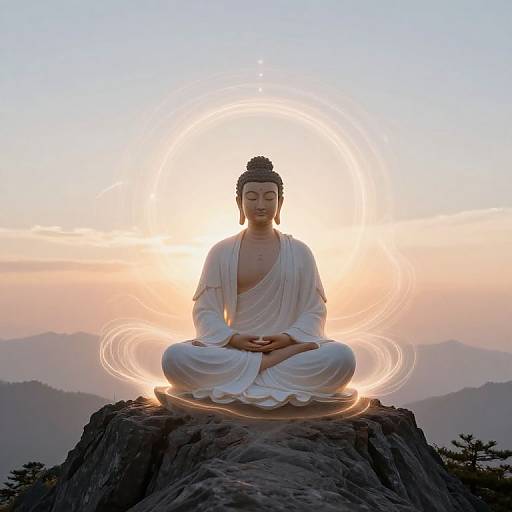 Photograph of a serene woman in a white Buddhist robe, meditating with closed eyes, surrounded by glowing rings, atop a rocky mountain peak at sunrise
