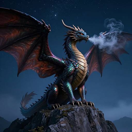 CGI fantasy dragon with iridescent blue scales, red wings, and a golden underbelly, breathing smoke on a rocky peak under a star