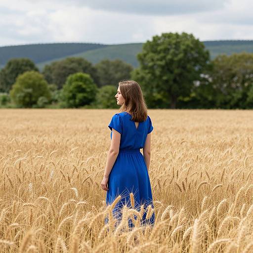 Photograph of a woman in a blue dress standing in a golden wheat field, facing away, with green trees and hills in the background.