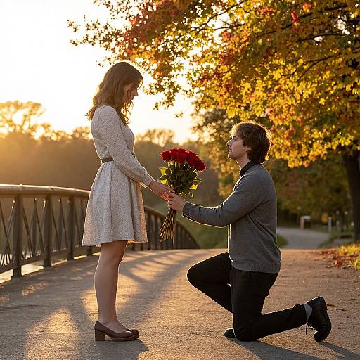 Photograph of a man kneeling, holding a bouquet of red flowers from a woman in a white dress, against a sunlit autumn park background.
