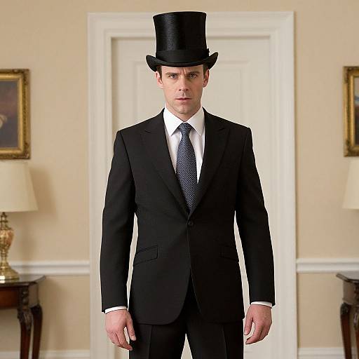 Photograph of a young white man in a black suit, white shirt, black tie, and top hat standing in a beige room with framed paintings and