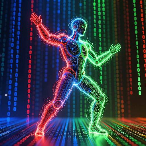 Neon-lit robotic dancer in red and blue, mid-jump, surrounded by colorful vertical lights on a reflective floor. Digital artwork.