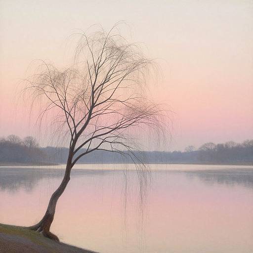 Photograph of a lone, leafless tree on a serene lake at sunrise, with a pink and orange sky reflected in the calm water.