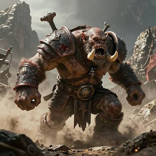 Digital artwork of a bloodied, muscular minotaur warrior with large horns, wearing dark leather armor and fur trims, roaring in a dusty,