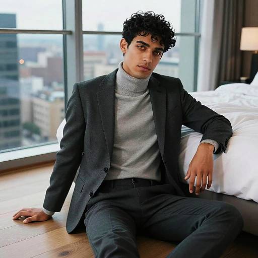 Photograph of a young man with curly black hair, wearing a gray sweater and black suit, sitting on a wooden floor by a window in a modern
