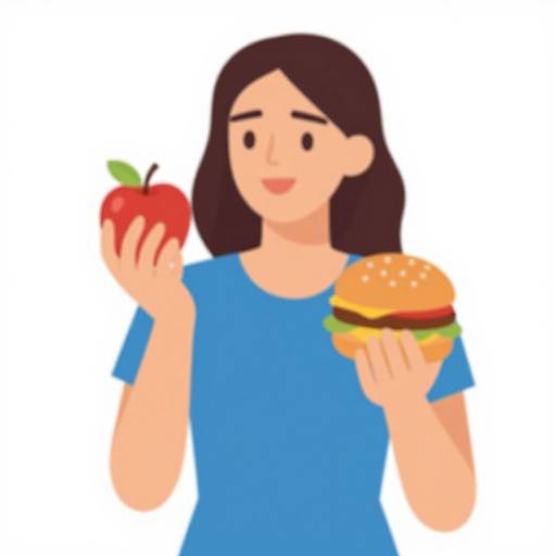 Digital illustration of a woman with brown hair, blue shirt, holding a red apple in left hand and a burger in right hand.