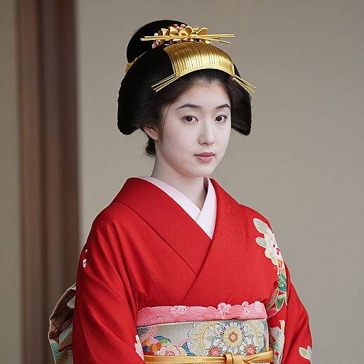 Photograph of a young Asian woman in a vibrant red kimono with floral patterns and gold hair accessories, standing against a plain beige wall.