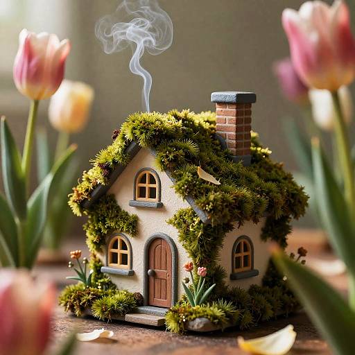 Moss-Covered Miniature Cottage with Tulips