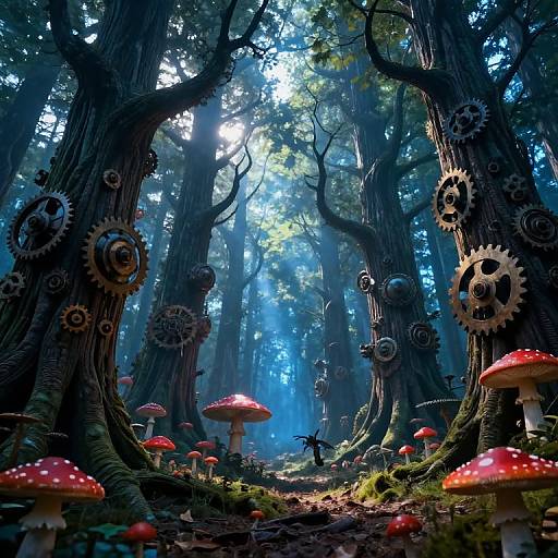 Fantastical forest scene with towering, gear-adorned trees, red-spotted mushrooms, and dappled sunlight filtering through dense foliage. Wh